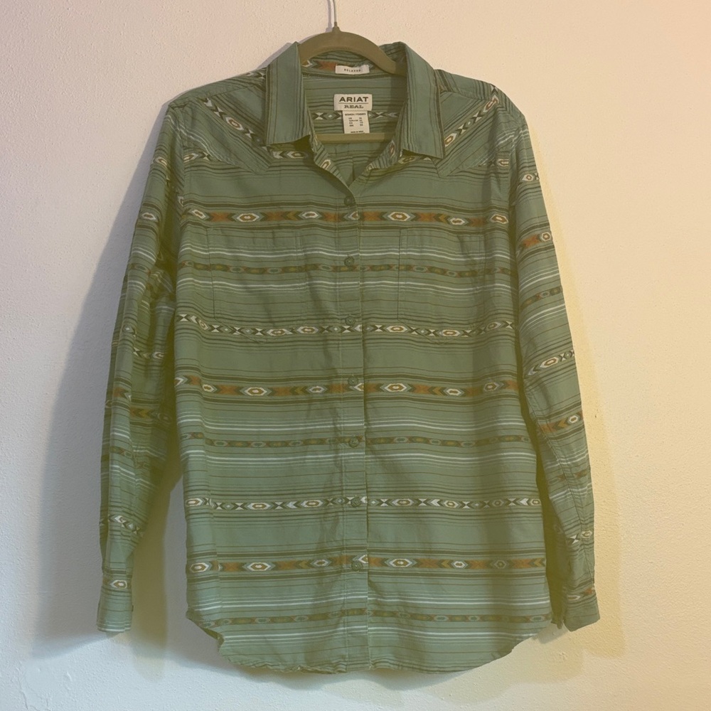 Ariat teal / green Striped pocket Long Sleeve Shirt XL women’s southwestern